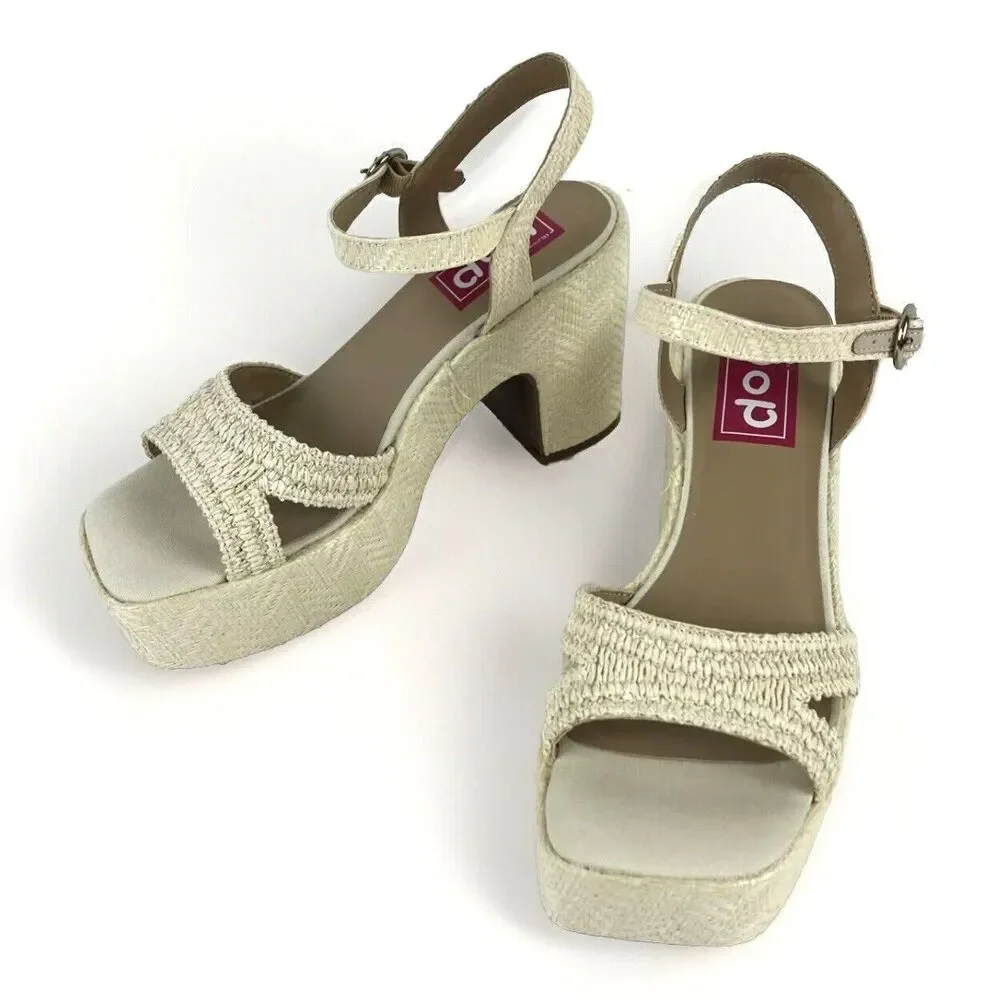 Natural Womens Chunky Platform Heels Sandals white open Toe Ankle Strap SZ 8.5
